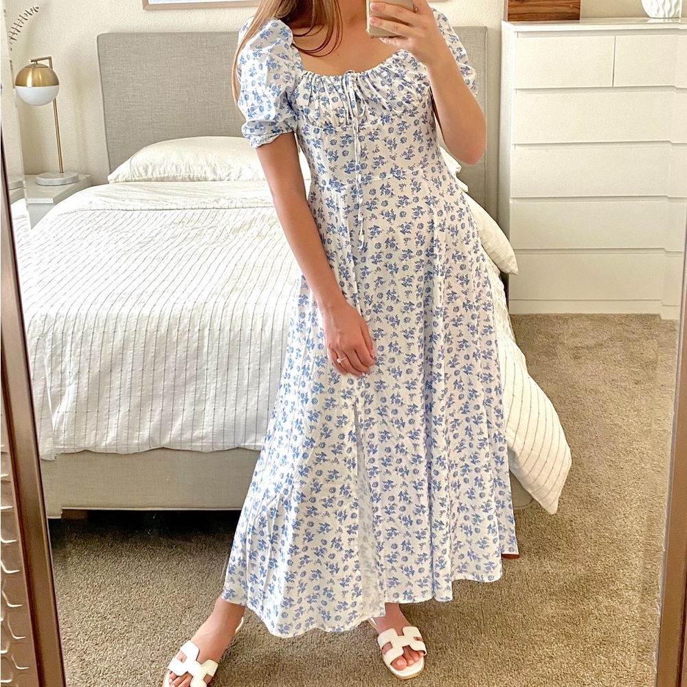 Blue Floral Print Midi Dress